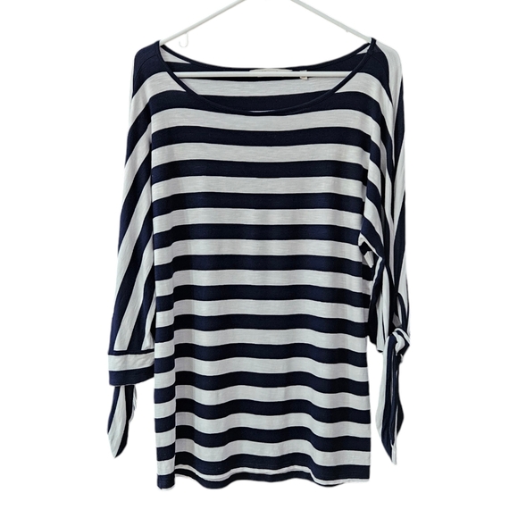 Soft Surroundings Adrift Top Women's M Navy White Stripes Tie Sleeves Nautical - Picture 2 of 11